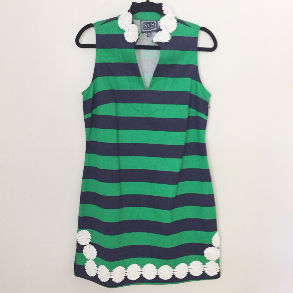 Sail To Sable Navy and Green Striped Sleeveless Shift Dress with White Trim